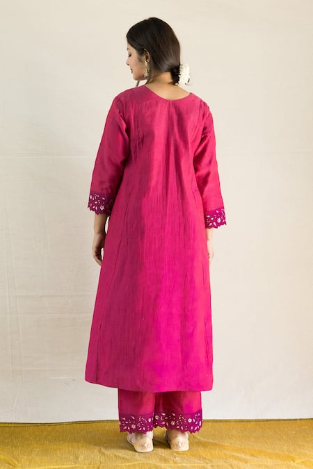 Shop Mithi Supari Wine Chanderi, Organza, Cotton Embroidery, Parijat Panelled Anarkali Pant Set at Aza Fashions Shop_Mithi Supari_Wine Chanderi, Organza, Cotton Embroidery, Parijat Panelled Anarkali Pant Set _at_Aza_Fashions