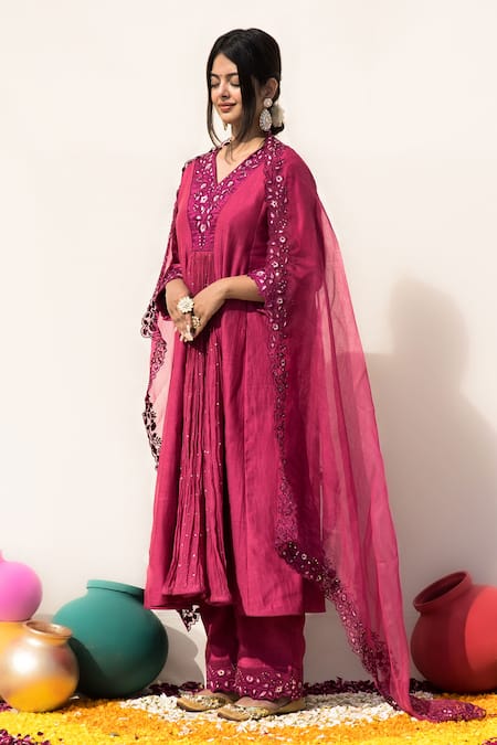 Mithi Supari Wine Chanderi, Organza, Cotton Embroidery, Parijat Panelled Anarkali Pant Set Online at Aza Fashions Mithi Supari_Wine Chanderi, Organza, Cotton Embroidery, Parijat Panelled Anarkali Pant Set _Online_at_Aza_Fashions