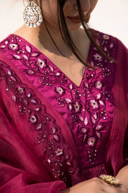 Mithi Supari Wine Chanderi, Organza, Cotton Embroidery, Parijat Panelled Anarkali Pant Set at Aza Fashions Mithi Supari_Wine Chanderi, Organza, Cotton Embroidery, Parijat Panelled Anarkali Pant Set _at_Aza_Fashions