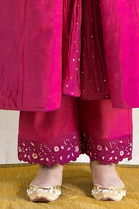 Buy Mithi Supari Wine Chanderi, Organza, Cotton Embroidery, Parijat Panelled Anarkali Pant Set Buy_Mithi Supari_Wine Chanderi, Organza, Cotton Embroidery, Parijat Panelled Anarkali Pant Set