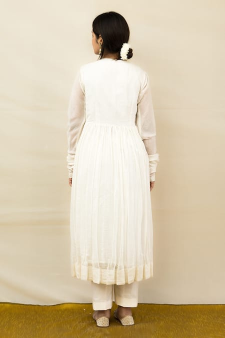 Shop Mithi Supari Ivory Chanderi, Cotton Embroidery Gulmohar Solid Angrakha Anarkali Pant Set at Aza Fashions Shop_Mithi Supari_Ivory Chanderi, Cotton Embroidery Gulmohar Solid Angrakha Anarkali Pant Set _at_Aza_Fashions