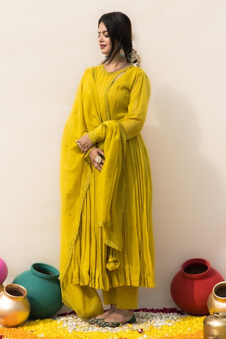 Mithi Supari_Yellow Chanderi Embroidery Round Neck Gulmohar Angrakha Anarkali Pant Set _Online_at_Aza_Fashions