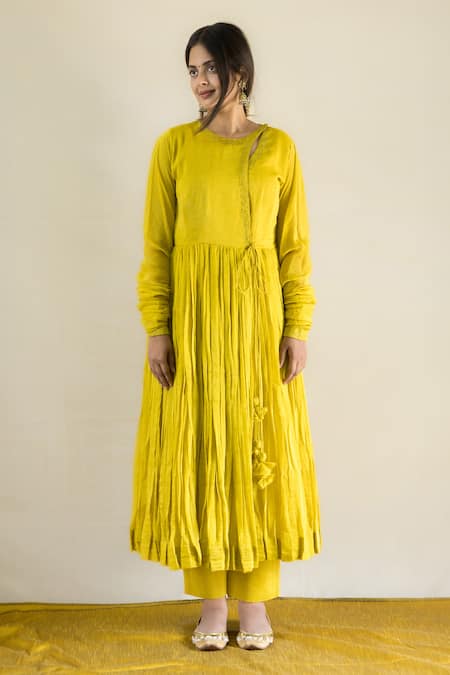 Shop_Mithi Supari_Yellow Chanderi Embroidery Round Neck Gulmohar Angrakha Anarkali Pant Set _Online_at_Aza_Fashions