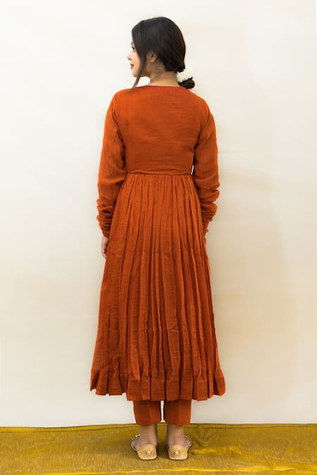 Shop Mithi Supari Orange Muslin, Chanderi, Cotton Gulmohar Full Sleeve Angrakha Anarkali Pant Set at Aza Fashions Shop_Mithi Supari_Orange Muslin, Chanderi, Cotton Gulmohar Full Sleeve Angrakha Anarkali Pant Set _at_Aza_Fashions