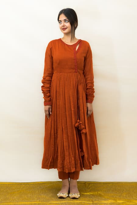 Shop Mithi Supari Orange Muslin, Chanderi, Cotton Gulmohar Full Sleeve Angrakha Anarkali Pant Set Online at Aza Fashions Shop_Mithi Supari_Orange Muslin, Chanderi, Cotton Gulmohar Full Sleeve Angrakha Anarkali Pant Set _Online_at_Aza_Fashions