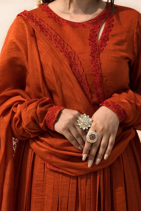 Mithi Supari Orange Muslin, Chanderi, Cotton Gulmohar Full Sleeve Angrakha Anarkali Pant Set at Aza Fashions Mithi Supari_Orange Muslin, Chanderi, Cotton Gulmohar Full Sleeve Angrakha Anarkali Pant Set _at_Aza_Fashions