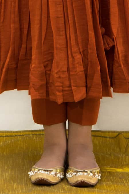Buy Mithi Supari Orange Muslin, Chanderi, Cotton Gulmohar Full Sleeve Angrakha Anarkali Pant Set Buy_Mithi Supari_Orange Muslin, Chanderi, Cotton Gulmohar Full Sleeve Angrakha Anarkali Pant Set
