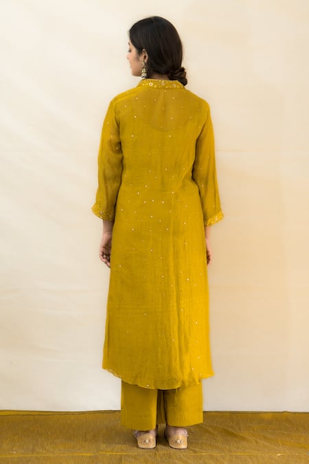 Shop Mithi Supari Yellow Chanderi Embroidery, Zari V-neck Chameli Kurta Pant Set at Aza Fashions Shop_Mithi Supari_Yellow Chanderi Embroidery, Zari V-neck Chameli Kurta Pant Set _at_Aza_Fashions