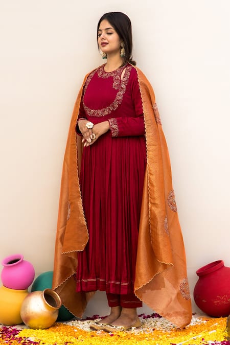 Mithi Supari Red Silk, Kota Doria, Cotton, Chanderi Embroidery Gul Bahaar Anarkali Set Online at Aza Fashions Mithi Supari_Red Silk, Kota Doria, Cotton, Chanderi Embroidery Gul Bahaar Anarkali Set _Online_at_Aza_Fashions