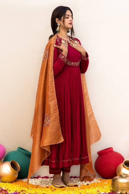 Buy Mithi Supari Red Silk, Kota Doria, Cotton, Chanderi Embroidery Gul Bahaar Anarkali Set Online at Aza Fashions Buy_Mithi Supari_Red Silk, Kota Doria, Cotton, Chanderi Embroidery Gul Bahaar Anarkali Set _Online_at_Aza_Fashions