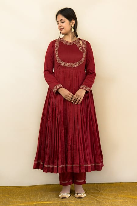 Shop Mithi Supari Red Silk, Kota Doria, Cotton, Chanderi Embroidery Gul Bahaar Anarkali Set Online at Aza Fashions Shop_Mithi Supari_Red Silk, Kota Doria, Cotton, Chanderi Embroidery Gul Bahaar Anarkali Set _Online_at_Aza_Fashions
