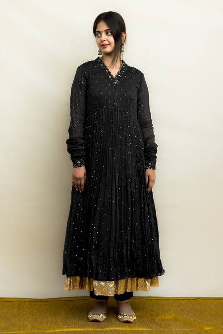 Shop_Mithi Supari_Black Chanderi Embroidery, Zari V-neck Nargis Hand Anarkali Set _Online_at_Aza_Fashions