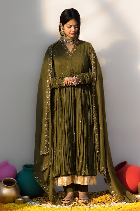 Mithi Supari_Green , Cotton Embroidery, Zari Nargis Anarkali Pant Set _Online_at_Aza_Fashions