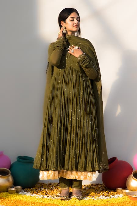 Buy_Mithi Supari_Green , Cotton Embroidery, Zari Nargis Anarkali Pant Set _Online_at_Aza_Fashions