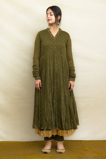 Shop_Mithi Supari_Green , Cotton Embroidery, Zari Nargis Anarkali Pant Set _Online_at_Aza_Fashions