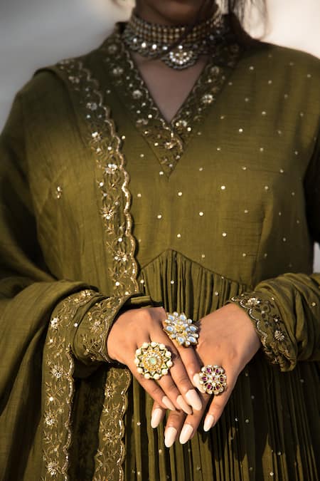 Mithi Supari_Green , Cotton Embroidery, Zari Nargis Anarkali Pant Set _at_Aza_Fashions