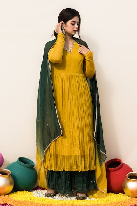 Mithi Supari_Yellow Chanderi, Cotton Embroidery V-neck Mogra Anarkali Set _Online_at_Aza_Fashions