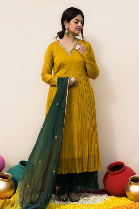 Buy_Mithi Supari_Yellow Chanderi, Cotton Embroidery V-neck Mogra Anarkali Set _Online_at_Aza_Fashions