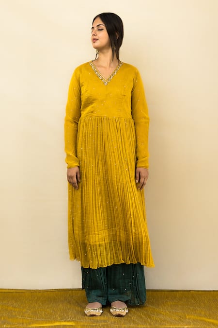 Shop_Mithi Supari_Yellow Chanderi, Cotton Embroidery V-neck Mogra Anarkali Set _Online_at_Aza_Fashions