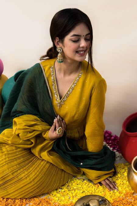 Mithi Supari_Yellow Chanderi, Cotton Embroidery V-neck Mogra Anarkali Set _at_Aza_Fashions