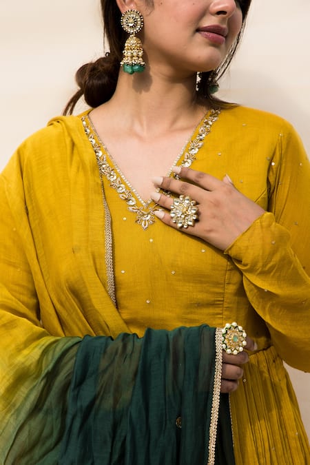 Buy_Mithi Supari_Yellow Chanderi, Cotton Embroidery V-neck Mogra Anarkali Set 