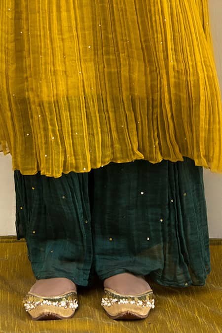 Shop_Mithi Supari_Yellow Chanderi, Cotton Embroidery V-neck Mogra Anarkali Set 