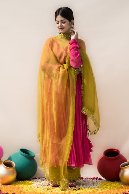 Mithi Supari_Pink Chanderi, Cotton Embroidery V-neck Palash V Angrakha Anarkali _Online_at_Aza_Fashions