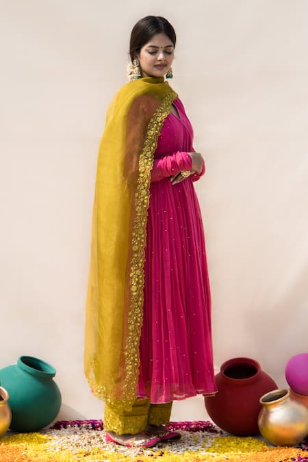 Buy_Mithi Supari_Pink Chanderi, Cotton Embroidery V-neck Palash V Angrakha Anarkali _Online_at_Aza_Fashions