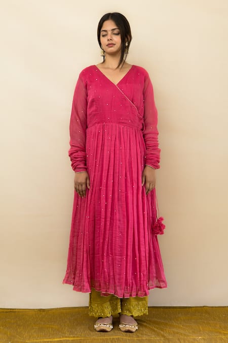 Shop_Mithi Supari_Pink Chanderi, Cotton Embroidery V-neck Palash V Angrakha Anarkali _Online_at_Aza_Fashions