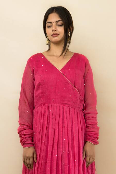 Mithi Supari_Pink Chanderi, Cotton Embroidery V-neck Palash V Angrakha Anarkali _at_Aza_Fashions