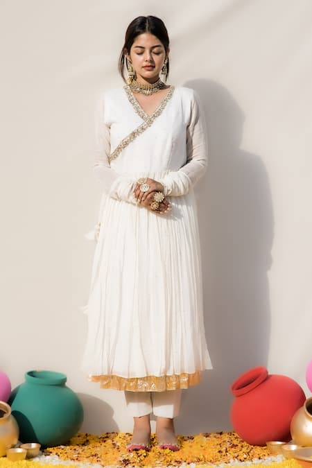 Shop Mithi Supari Ivory Chanderi Embroidery V-neck Champa V Angrakha Anarkali at Aza Fashions Shop_Mithi Supari_Ivory Chanderi Embroidery V-neck Champa V Angrakha Anarkali _at_Aza_Fashions