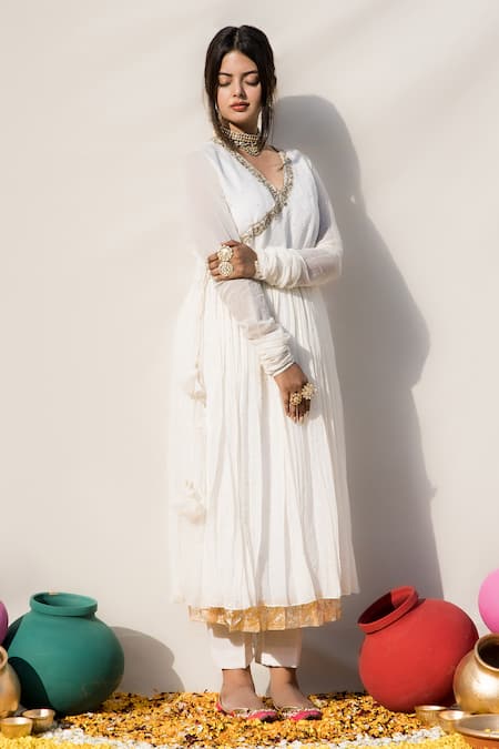 Shop Mithi Supari Ivory Chanderi Embroidery V-neck Champa V Angrakha Anarkali Online at Aza Fashions Shop_Mithi Supari_Ivory Chanderi Embroidery V-neck Champa V Angrakha Anarkali _Online_at_Aza_Fashions