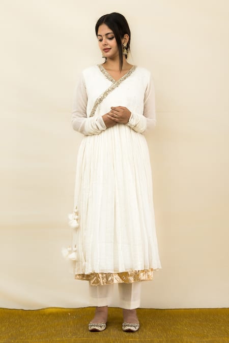 Mithi Supari Ivory Chanderi Embroidery V-neck Champa V Angrakha Anarkali at Aza Fashions Mithi Supari_Ivory Chanderi Embroidery V-neck Champa V Angrakha Anarkali _at_Aza_Fashions
