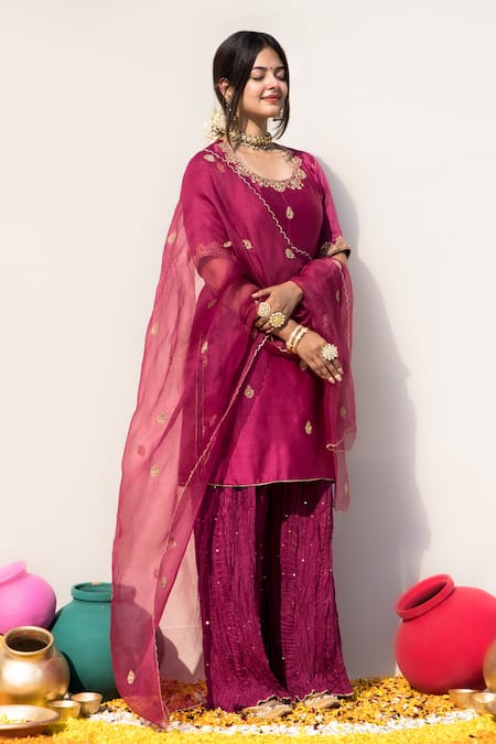Mithi Supari_Wine Silk, Organza, Chanderi Embroidery, Jasvanti Hand Short Kurta Sharara Set _Online_at_Aza_Fashions