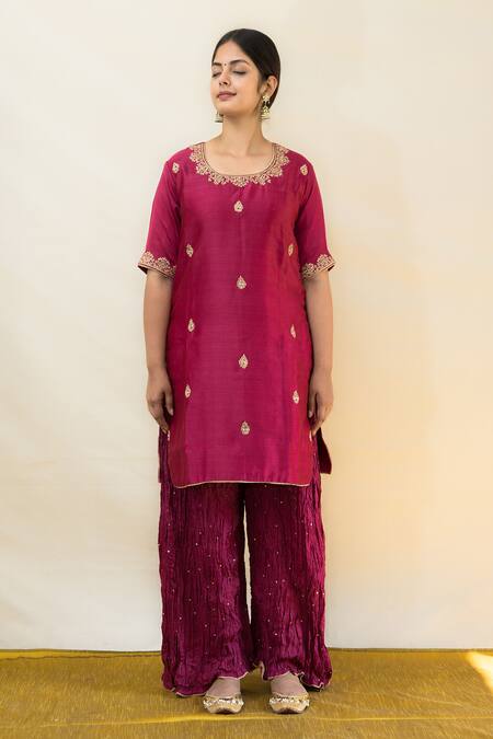 Buy_Mithi Supari_Wine Silk, Organza, Chanderi Embroidery, Jasvanti Hand Short Kurta Sharara Set _Online_at_Aza_Fashions