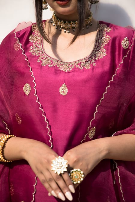 Shop_Mithi Supari_Wine Silk, Organza, Chanderi Embroidery, Jasvanti Hand Short Kurta Sharara Set _Online_at_Aza_Fashions