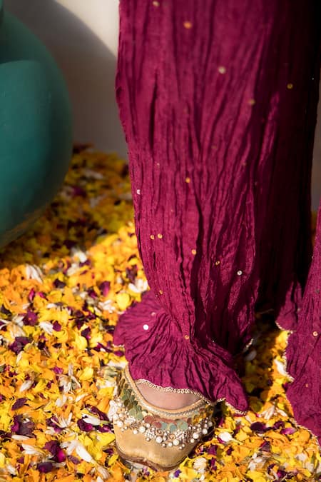 Mithi Supari_Wine Silk, Organza, Chanderi Embroidery, Jasvanti Hand Short Kurta Sharara Set _at_Aza_Fashions