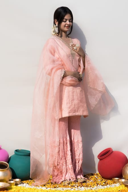 Mithi Supari Peach Tissue, Organza, Cotton Embroidery Sevanti Short Kurta Sharara Set Online at Aza Fashions Mithi Supari_Peach Tissue, Organza, Cotton Embroidery Sevanti Short Kurta Sharara Set _Online_at_Aza_Fashions