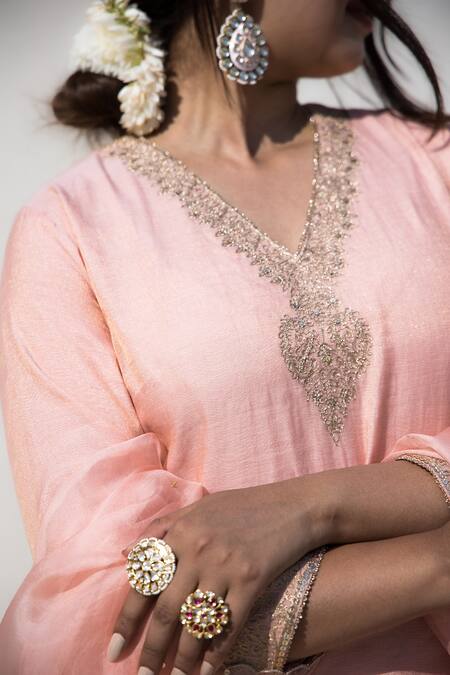 Shop Mithi Supari Peach Tissue, Organza, Cotton Embroidery Sevanti Short Kurta Sharara Set Online at Aza Fashions Shop_Mithi Supari_Peach Tissue, Organza, Cotton Embroidery Sevanti Short Kurta Sharara Set _Online_at_Aza_Fashions