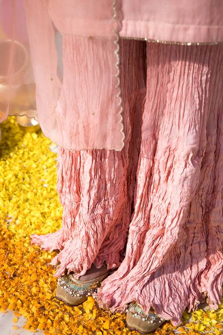 Mithi Supari Peach Tissue, Organza, Cotton Embroidery Sevanti Short Kurta Sharara Set at Aza Fashions Mithi Supari_Peach Tissue, Organza, Cotton Embroidery Sevanti Short Kurta Sharara Set _at_Aza_Fashions