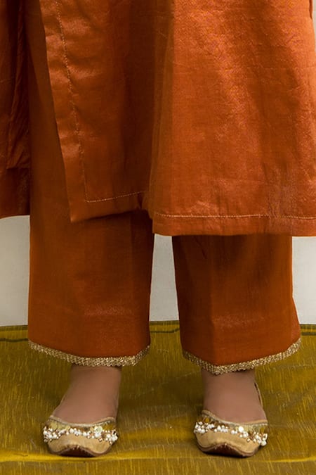 Buy Mithi Supari Orange Tissue, Silk Embroidery, Sequins, Mirrors V-neck Kesar Kurta Pant Set Buy_Mithi Supari_Orange Tissue, Silk Embroidery, Sequins, Mirrors V-neck Kesar Kurta Pant Set