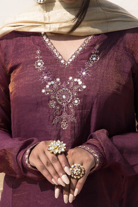 Mithi Supari_Wine Tissue, Cotton Sequins, Mirrors, Embroidery V-neck Bedina Kurta Set _at_Aza_Fashions