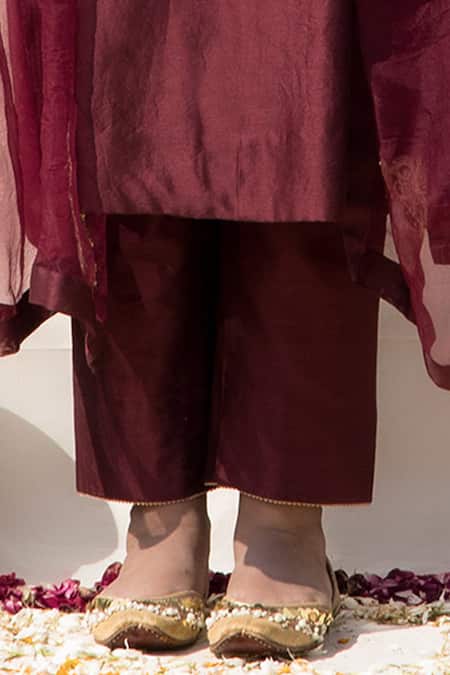 Mithi Supari_Wine Silk, Organza, Cotton Embroidery High Neck Kamini Yoke Kurta Pant Set _at_Aza_Fashions