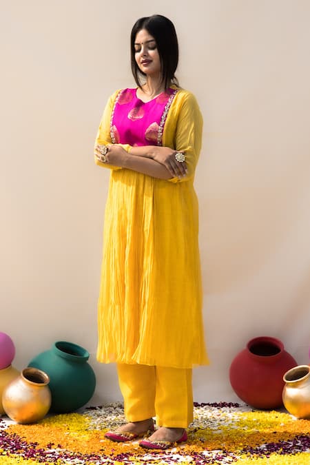 Mithi Supari Yellow Chanderi, Cotton Sequins, Zari Basanti Yoke Embroidered Tunic And Pant Set Online at Aza Fashions Mithi Supari_Yellow Chanderi, Cotton Sequins, Zari Basanti Yoke Embroidered Tunic And Pant Set _Online_at_Aza_Fashions