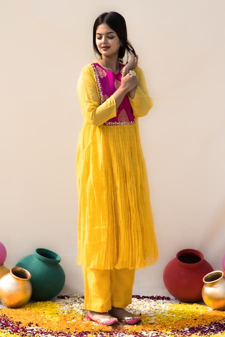 Buy Mithi Supari Yellow Chanderi, Cotton Sequins, Zari Basanti Yoke Embroidered Tunic And Pant Set Online at Aza Fashions Buy_Mithi Supari_Yellow Chanderi, Cotton Sequins, Zari Basanti Yoke Embroidered Tunic And Pant Set _Online_at_Aza_Fashions