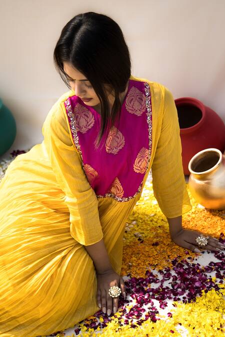 Shop Mithi Supari Yellow Chanderi, Cotton Sequins, Zari Basanti Yoke Embroidered Tunic And Pant Set Online at Aza Fashions Shop_Mithi Supari_Yellow Chanderi, Cotton Sequins, Zari Basanti Yoke Embroidered Tunic And Pant Set _Online_at_Aza_Fashions