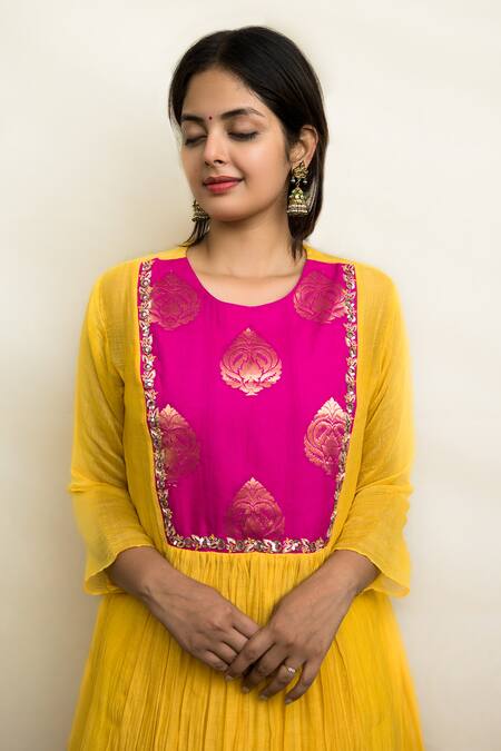 Mithi Supari Yellow Chanderi, Cotton Sequins, Zari Basanti Yoke Embroidered Tunic And Pant Set at Aza Fashions Mithi Supari_Yellow Chanderi, Cotton Sequins, Zari Basanti Yoke Embroidered Tunic And Pant Set _at_Aza_Fashions