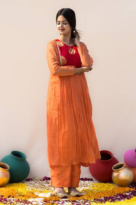 Mithi Supari Orange Chanderi, Cotton Zari, Sequins Basanti Yoke Embroidered Tunic Pant Set Online at Aza Fashions Mithi Supari_Orange Chanderi, Cotton Zari, Sequins Basanti Yoke Embroidered Tunic Pant Set _Online_at_Aza_Fashions