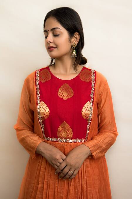 Shop Mithi Supari Orange Chanderi, Cotton Zari, Sequins Basanti Yoke Embroidered Tunic Pant Set Online at Aza Fashions Shop_Mithi Supari_Orange Chanderi, Cotton Zari, Sequins Basanti Yoke Embroidered Tunic Pant Set _Online_at_Aza_Fashions