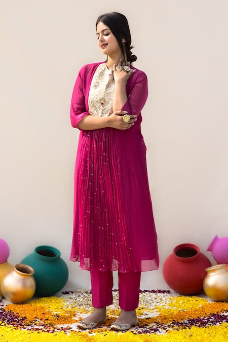 Shop Mithi Supari Pink Chanderi Embroidery Round Neck Kumud Yoke Tunic Pant Set at Aza Fashions Shop_Mithi Supari_Pink Chanderi Embroidery Round Neck Kumud Yoke Tunic Pant Set _at_Aza_Fashions